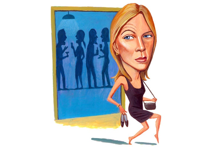 A woman sneakily leaves a party in an illustration of ghosting your friends instead of formally saying goodbye. Illustration by Charlie Powell.